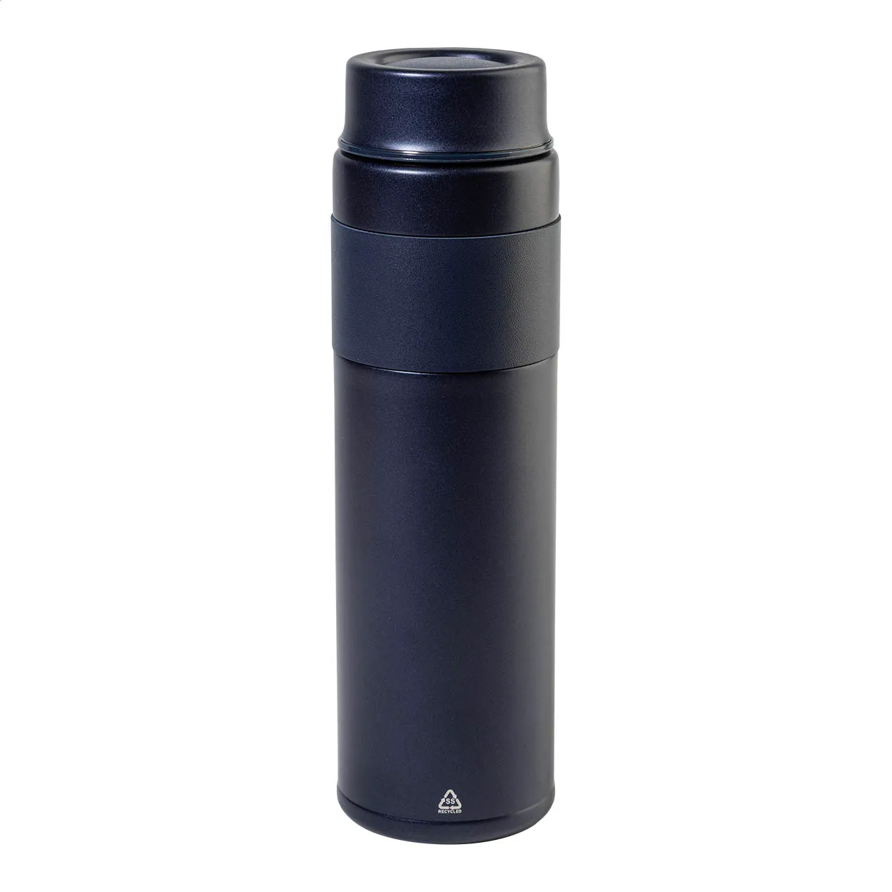 Zwarte thermosfles met schroefdop en gerecycled-symbool