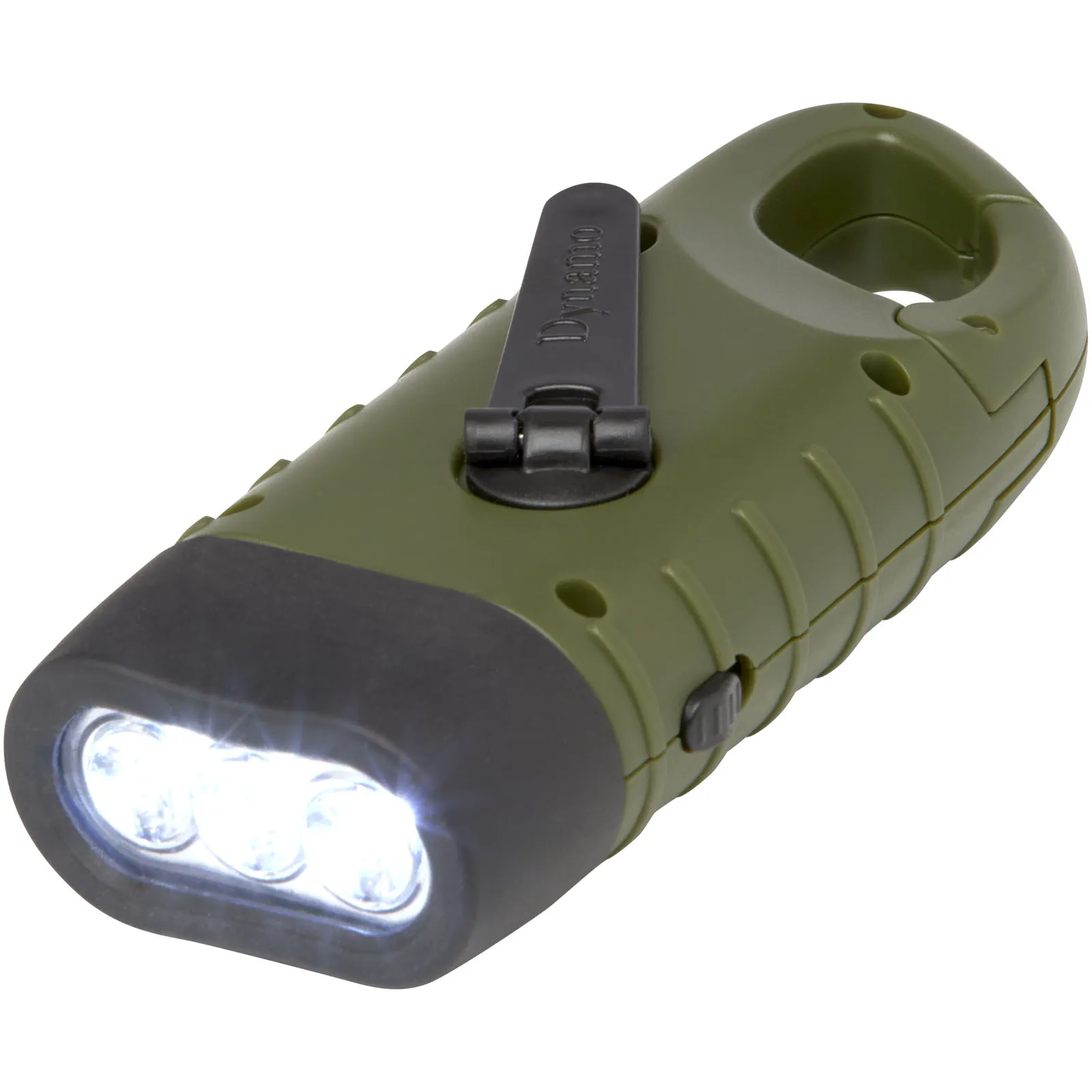 Helios zaklamp met zonnedynamo van gerecycled plastic met karabijnhaak Legergroen