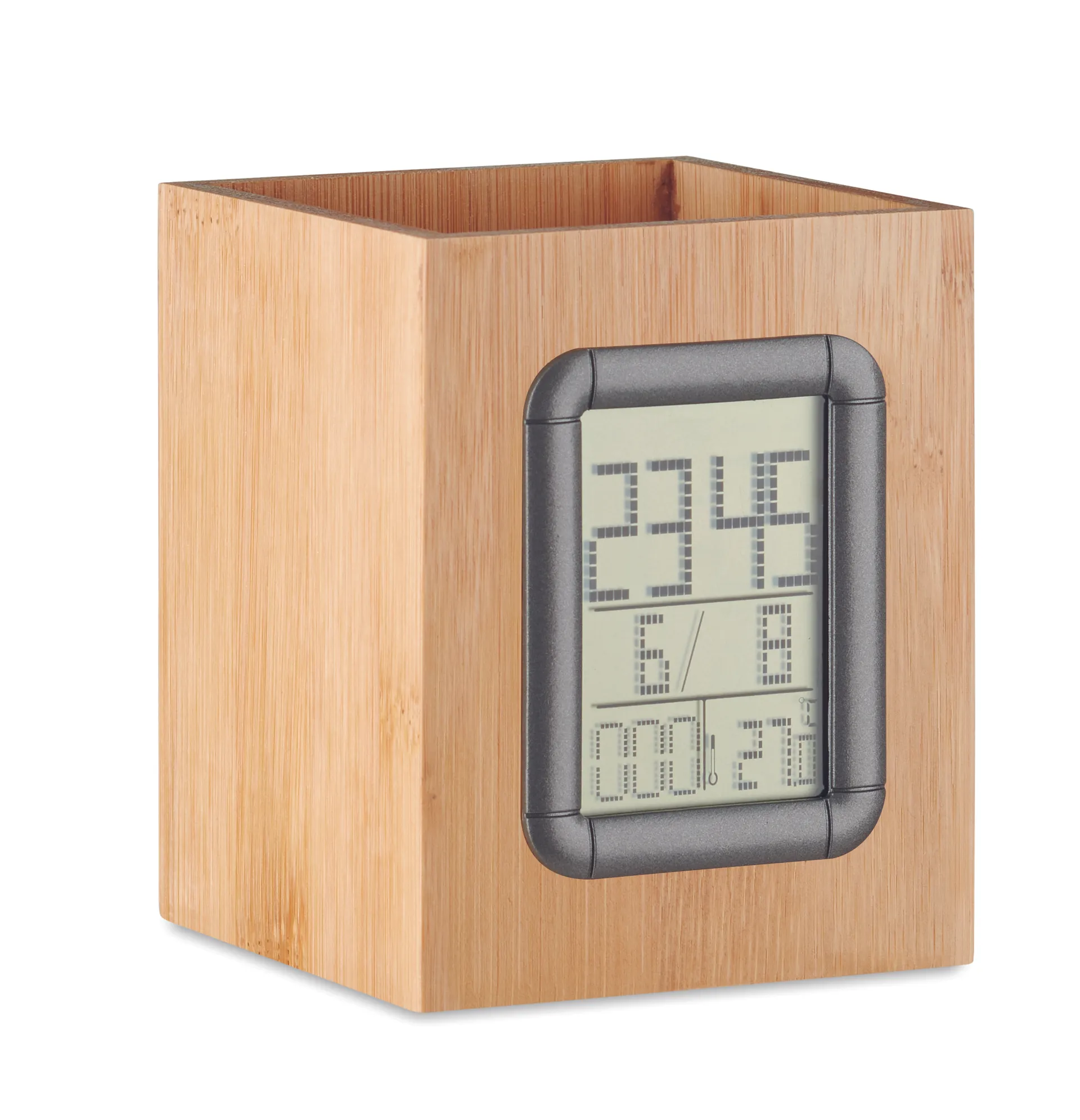 Bamboe pennenbak met LCD klok
