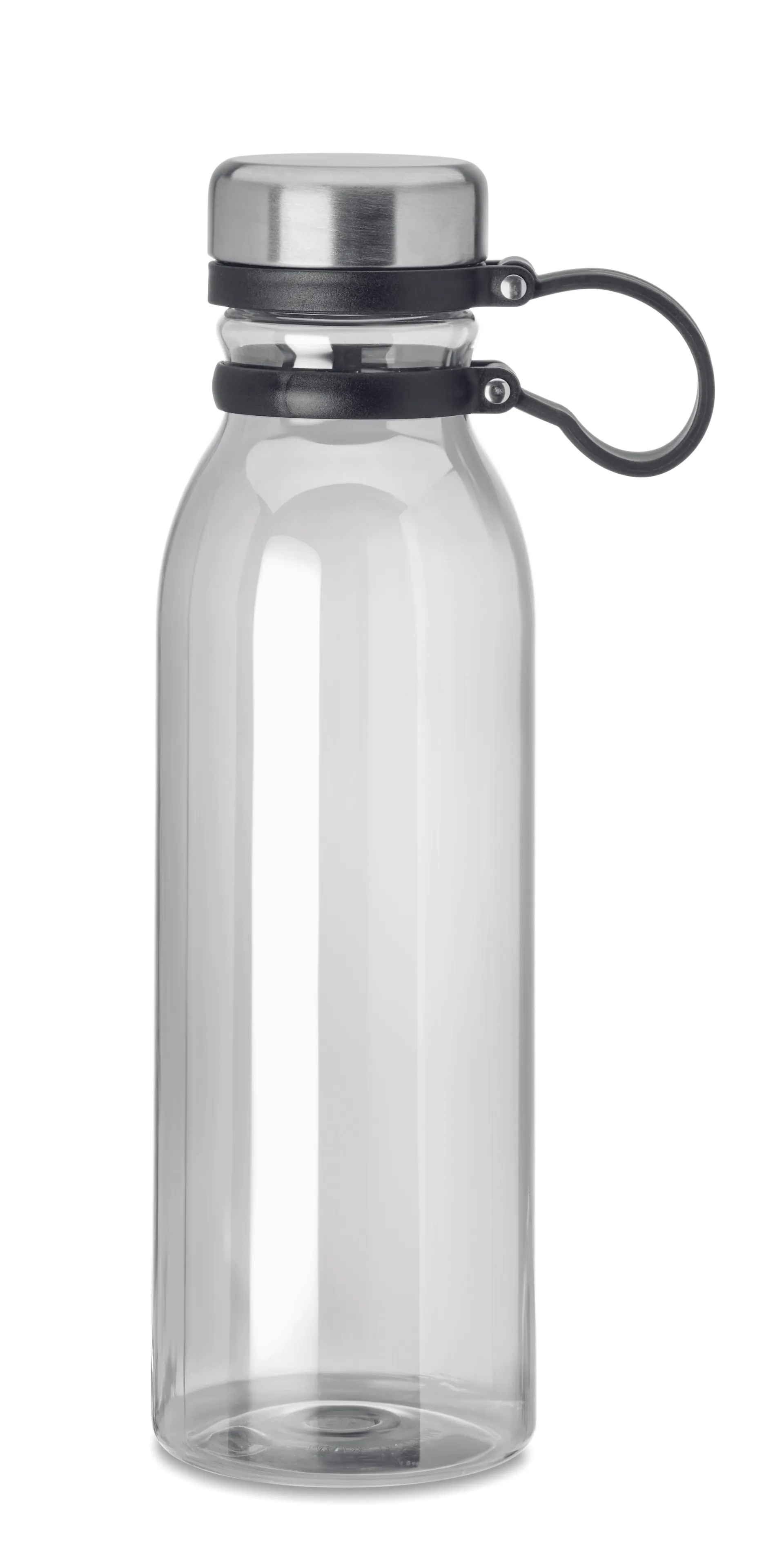 Transparante RPET-drinkfles van 780 ml met zwarte dop en draaglus