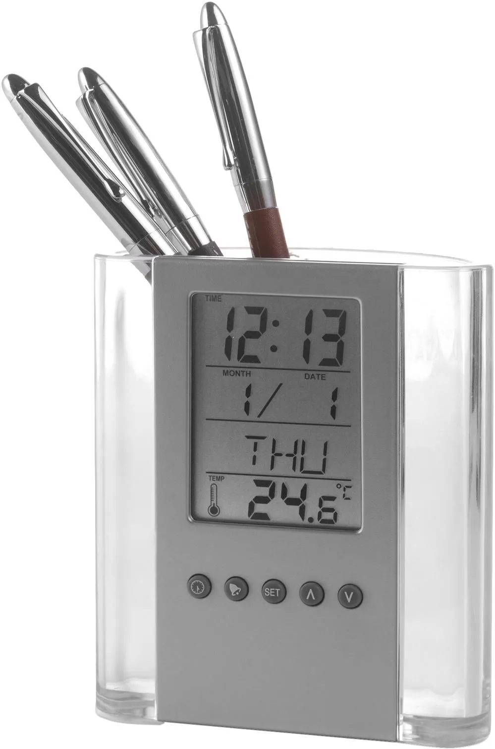 ABS pennenhouder met klok Carter zwart/zilver