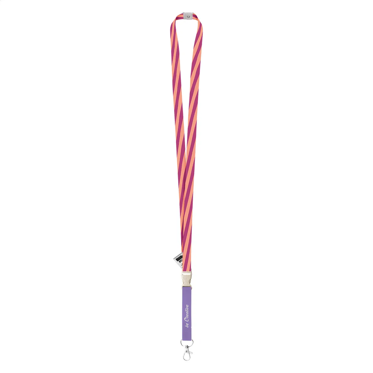 Sublimatie lanyard met roze en oranje strepen, paarse badgehouder en metalen haak