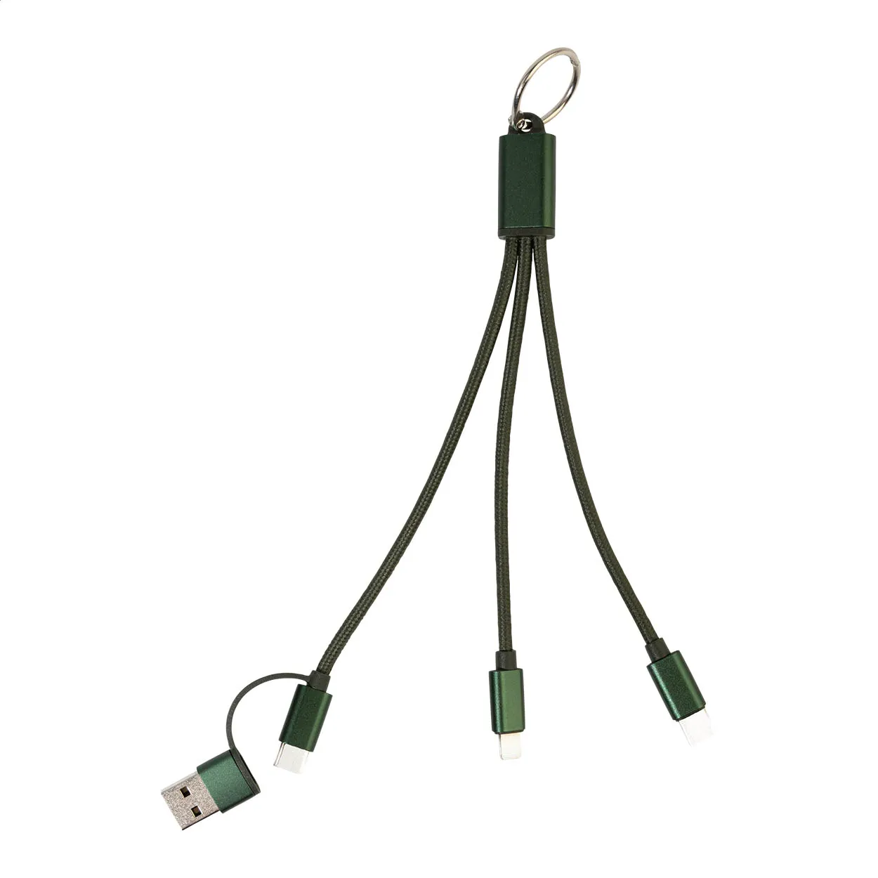 Groene 3-in-1 oplaadkabel met USB-aansluiting en drie laadstekkers