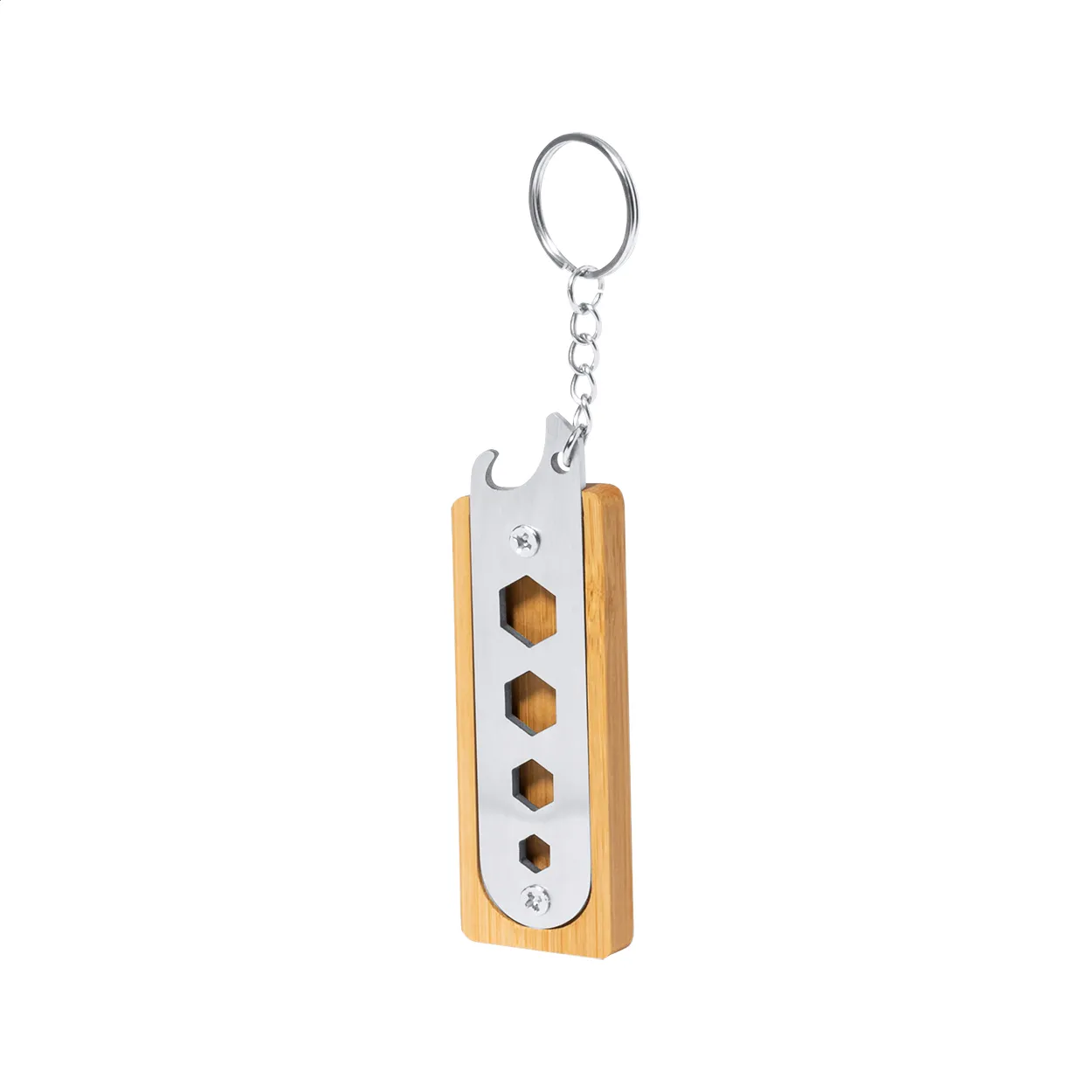 Bamboe sleutelhanger met metalen multitool en sleutelring