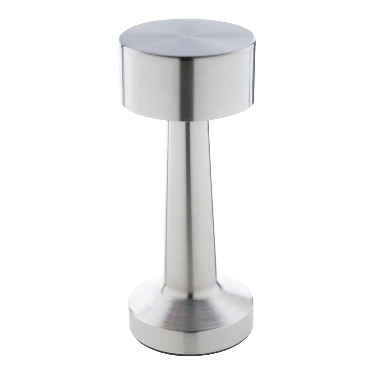 Zilverkleurige metalen tafelbel met ronde voet en brede drukknop