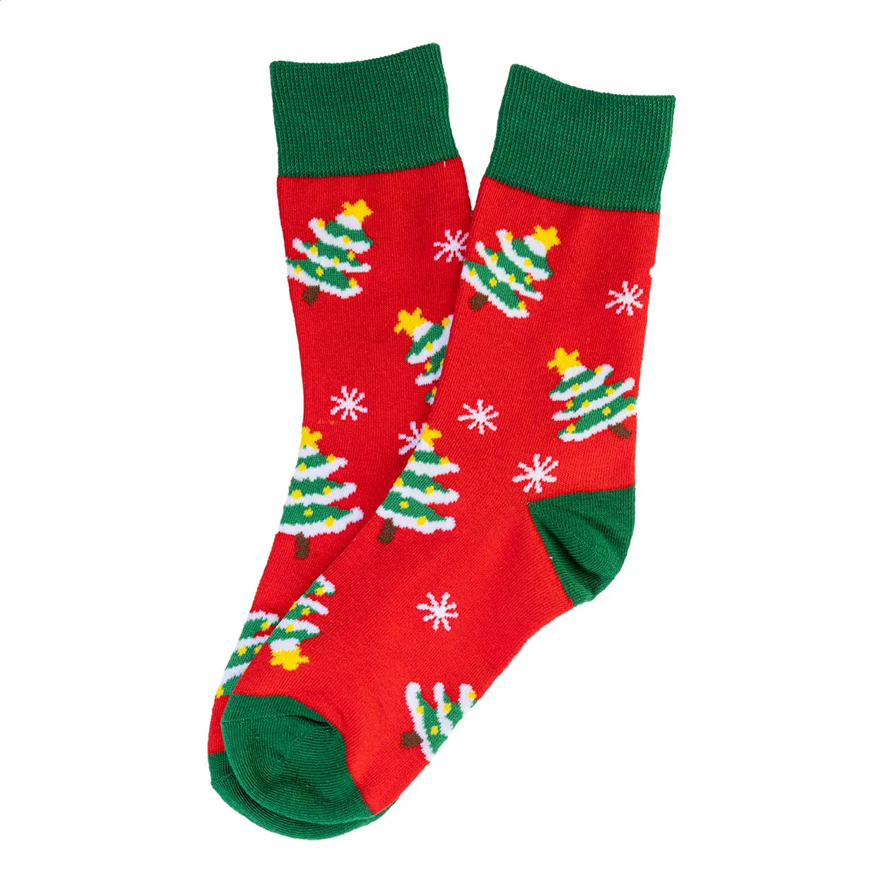 Rode kerstsokken met groene boorden en kerstboom- en sneeuwvlokmotieven