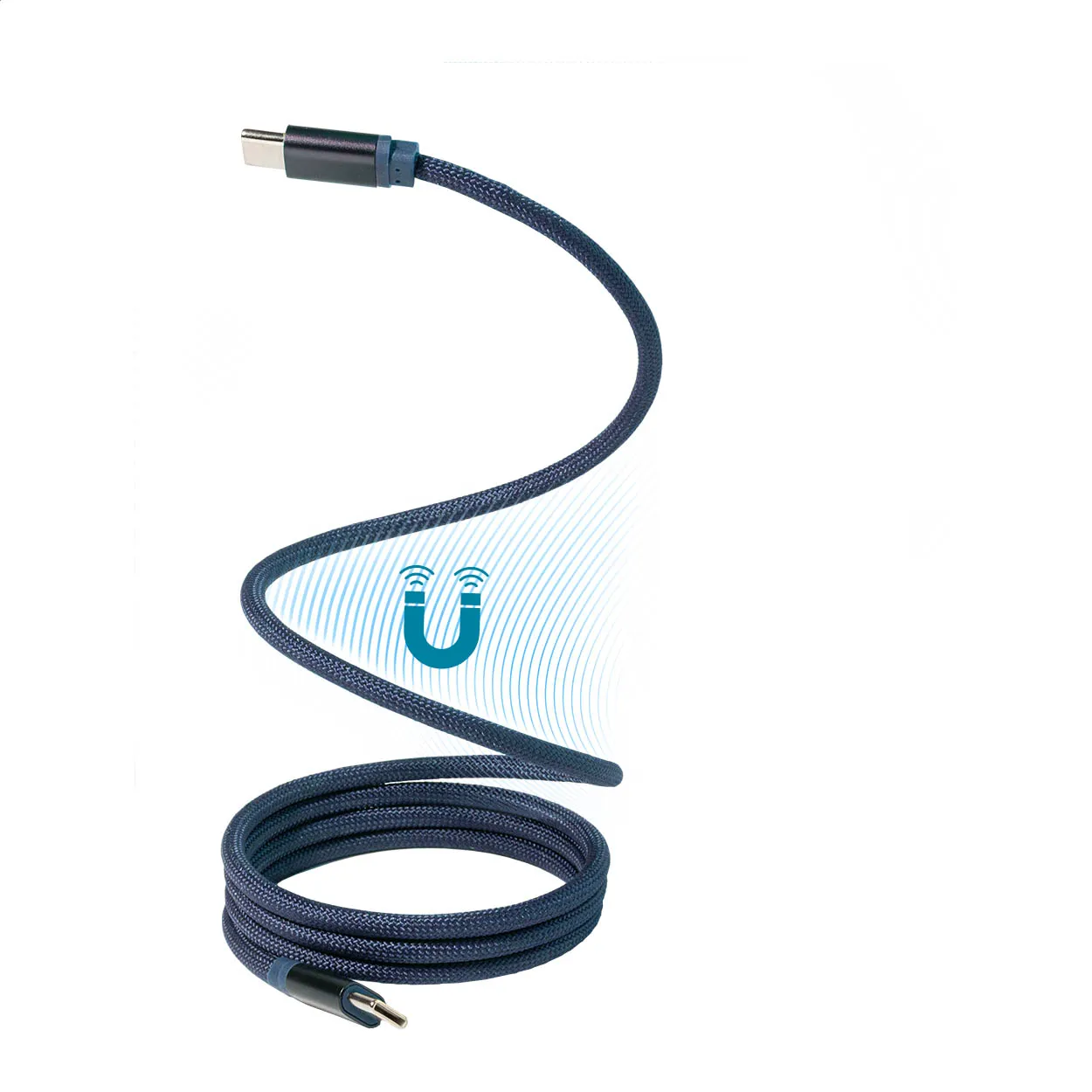 Donkerblauwe gevlochten USB-kabel met USB-A- en USB-C-aansluiting