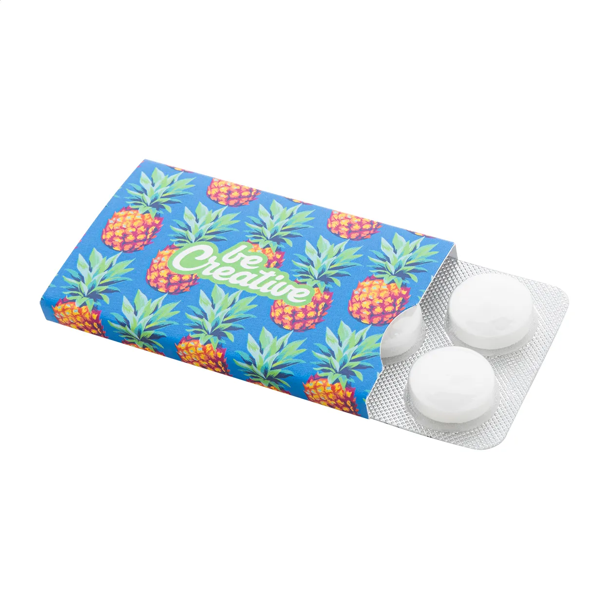 Witte munt snoepjes in een blauw doosje met ananasprint en creatief ontwerp