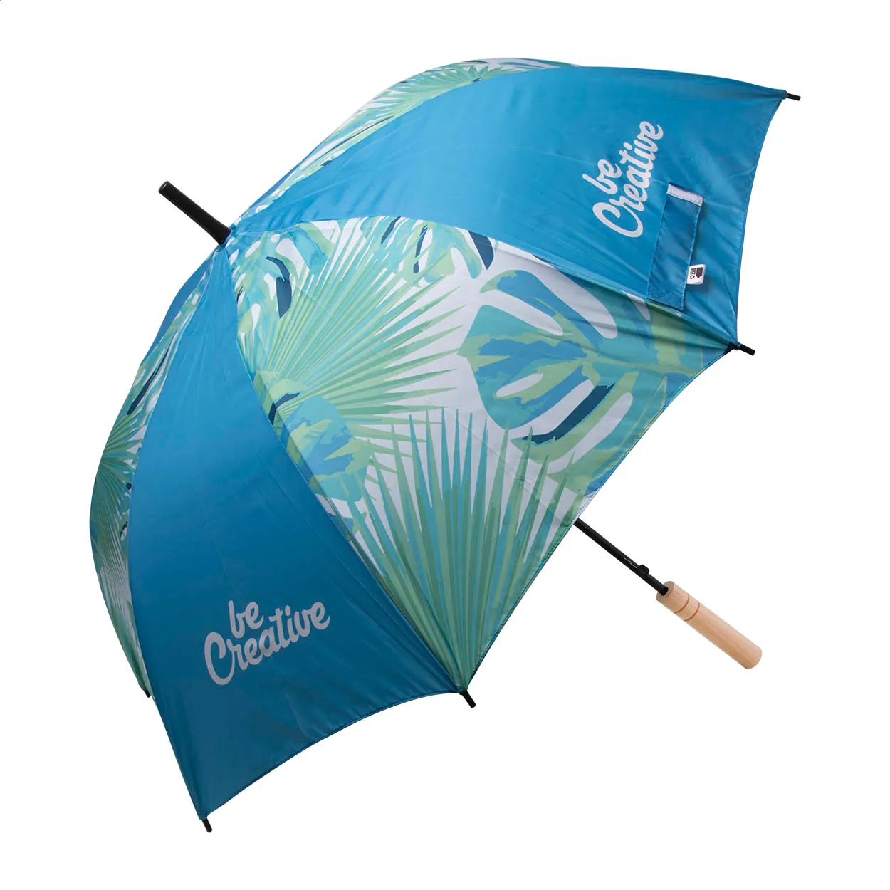 Open blauwe RPET paraplu met groen botanisch patroon, houten handvat en witte opdruk