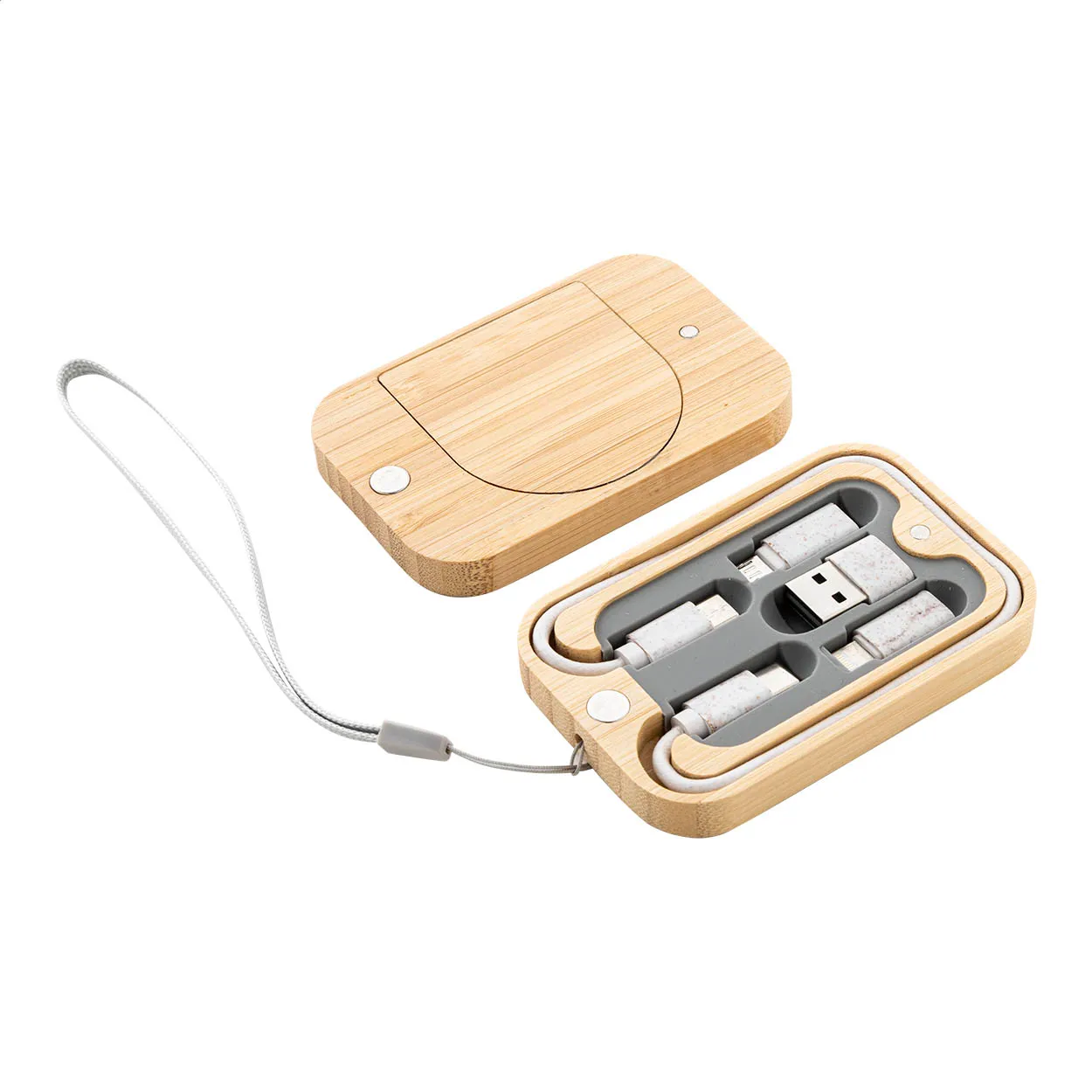 Bamboe kabelset met USB-aansluitingen in een houten opbergdoos