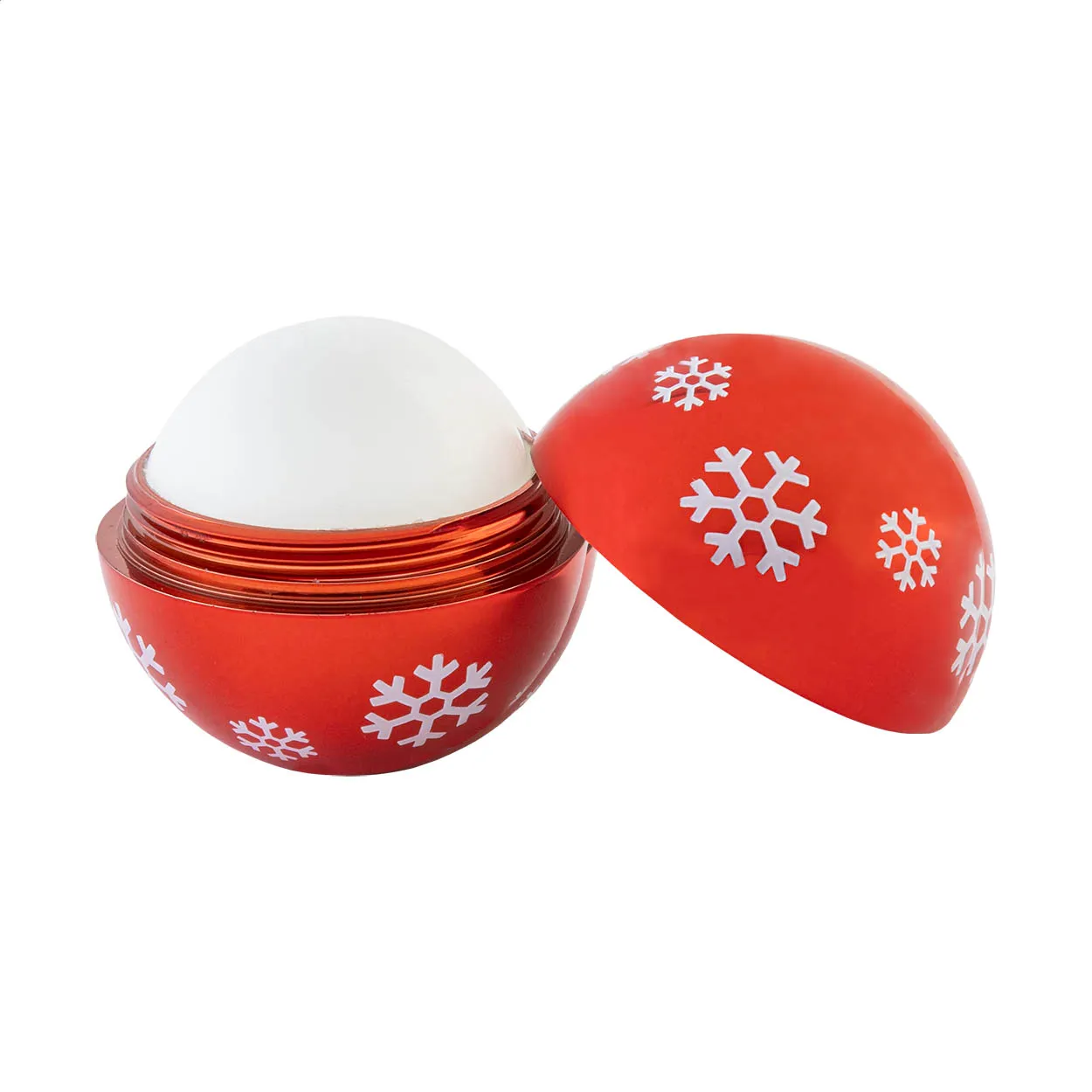 Rond rood doosje met witte sneeuwvlokken en een wit deksel