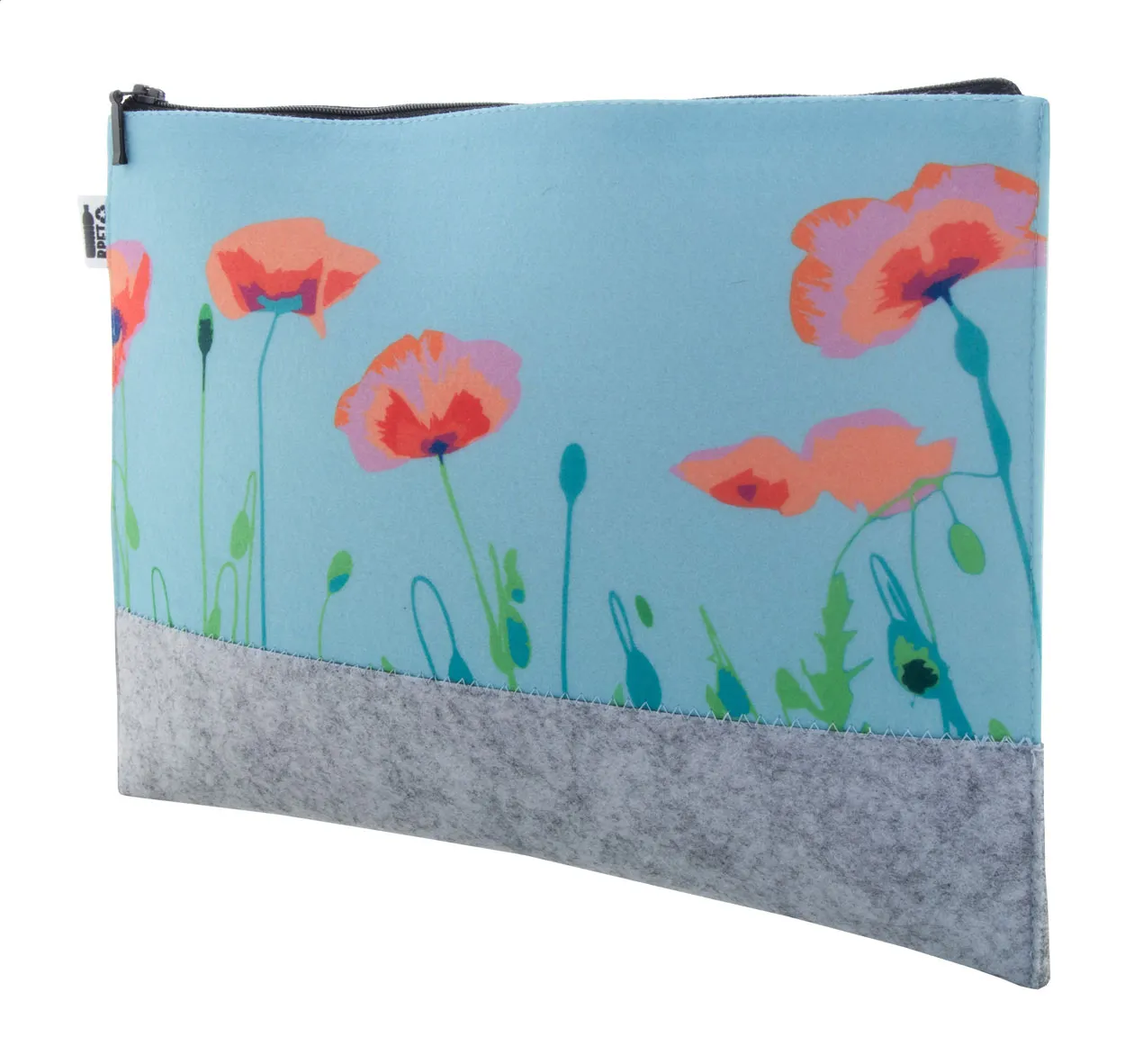 Lichtblauwe vilten make-uptas met bloemenprint en grijze onderkant