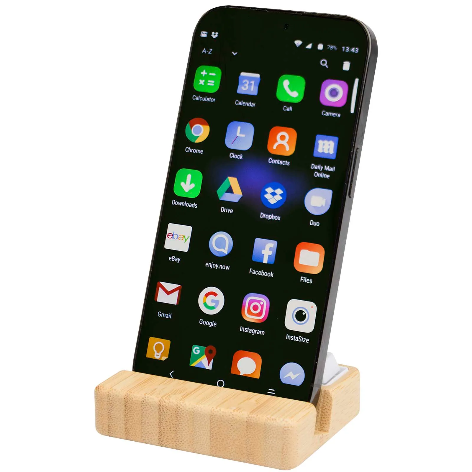Algol telefoonstandaard en fidgetspeeltje van gerecycled plastic met bamboedetails Hout