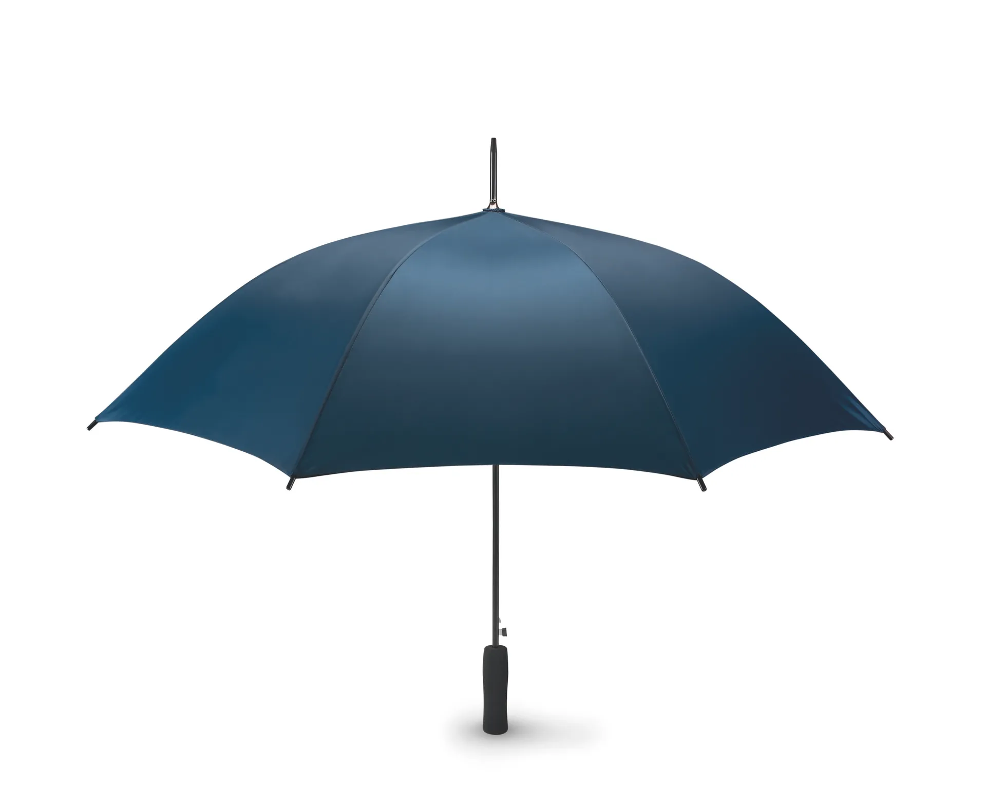 Opengeklapte blauwe paraplu van 23 inch met zwarte steel en handvat