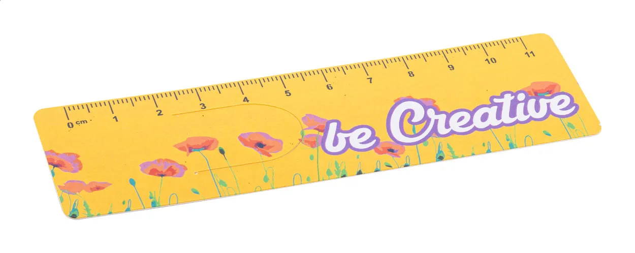 Gele papieren bladwijzer met bloemen, liniaalverdeling en de tekst 'Be Creative'