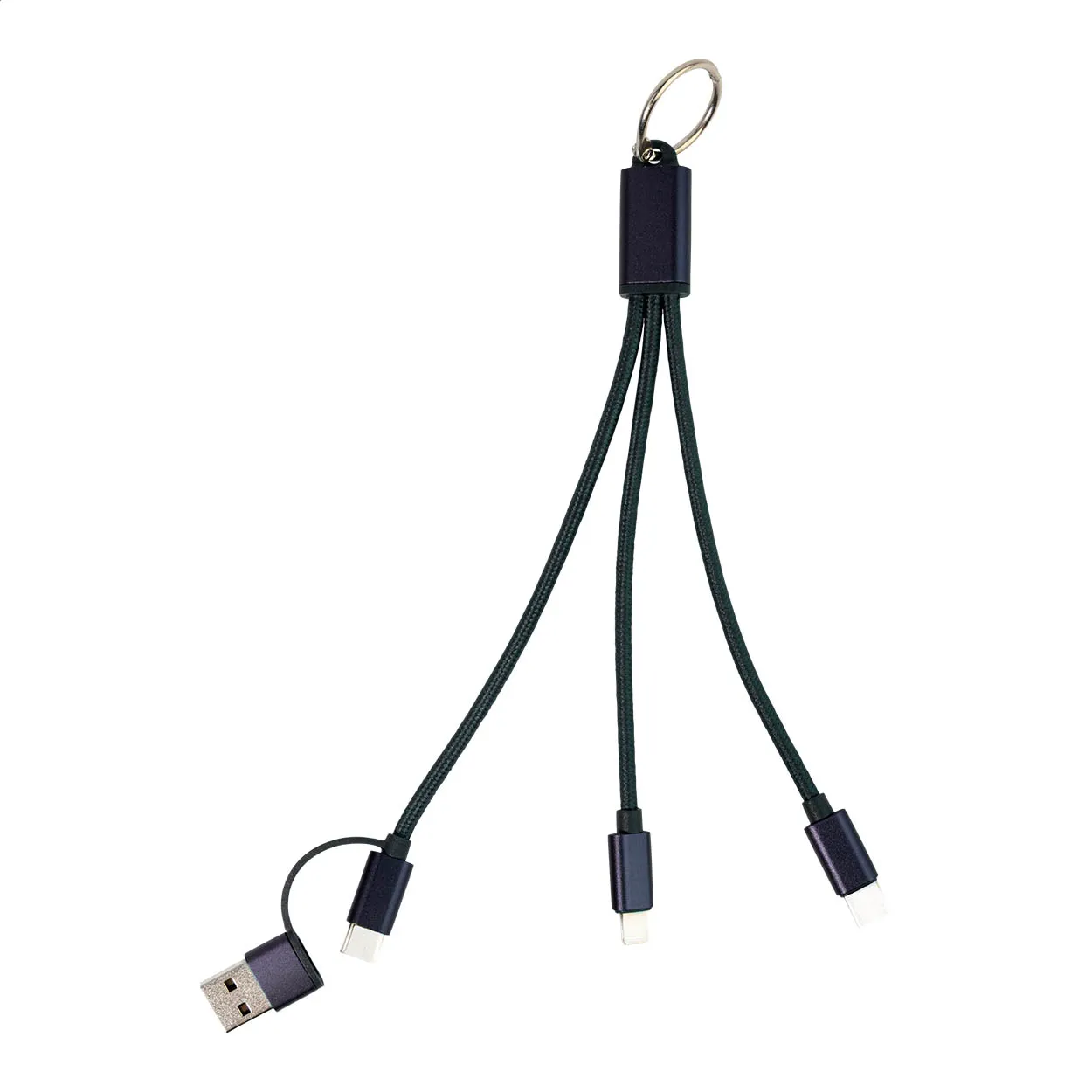 Zwarte 3-in-1 oplaadkabel met USB-aansluiting en sleutelhanger