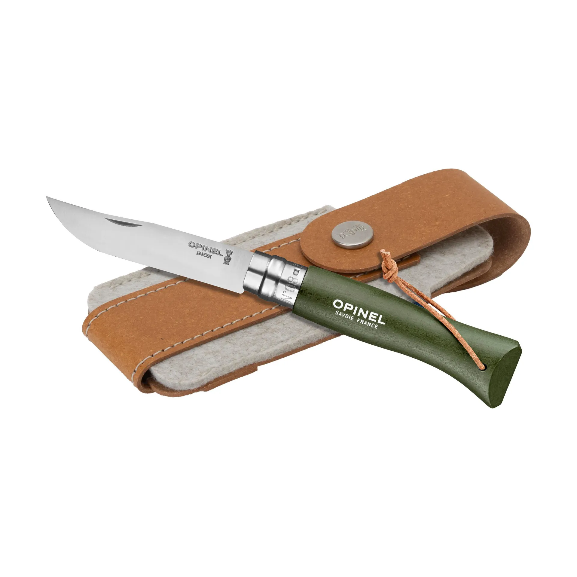 Opinel Colorama No 08 zakmes in een  riemetui groen