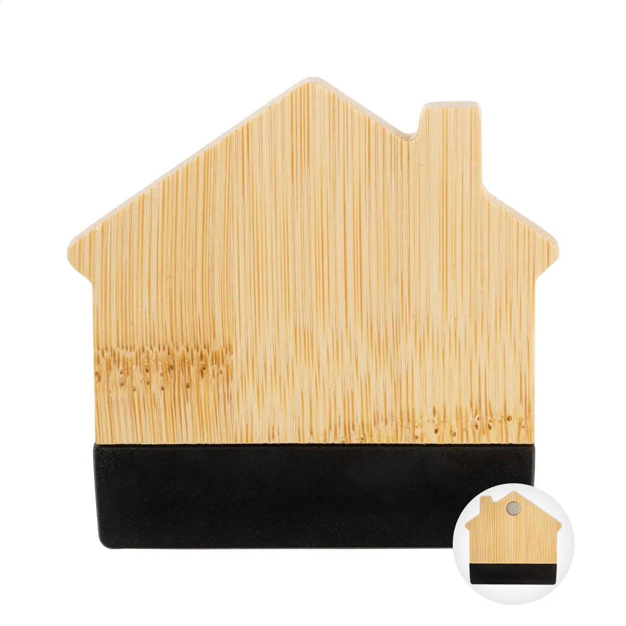 Huisvormige bamboe flesopener met zwart handvat en ronde magneet aan de achterzijde