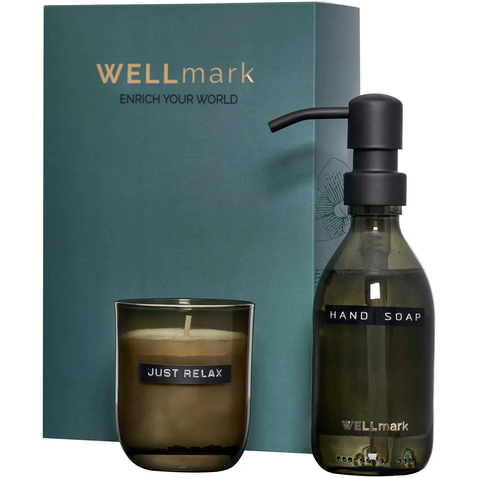 Wellmark Discovery set van 250 ml handzeepdispenser en 150 g geurkaars Zwart