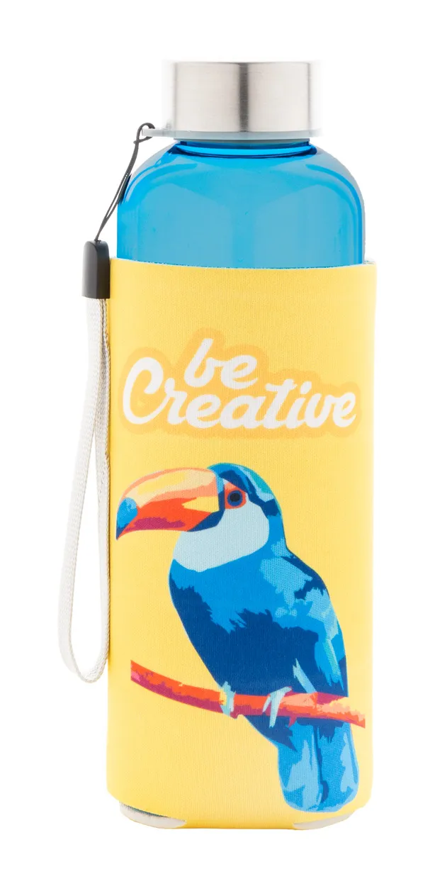 Lichtblauwe RPET-fles met gele hoes, vogelprint en draagkoord