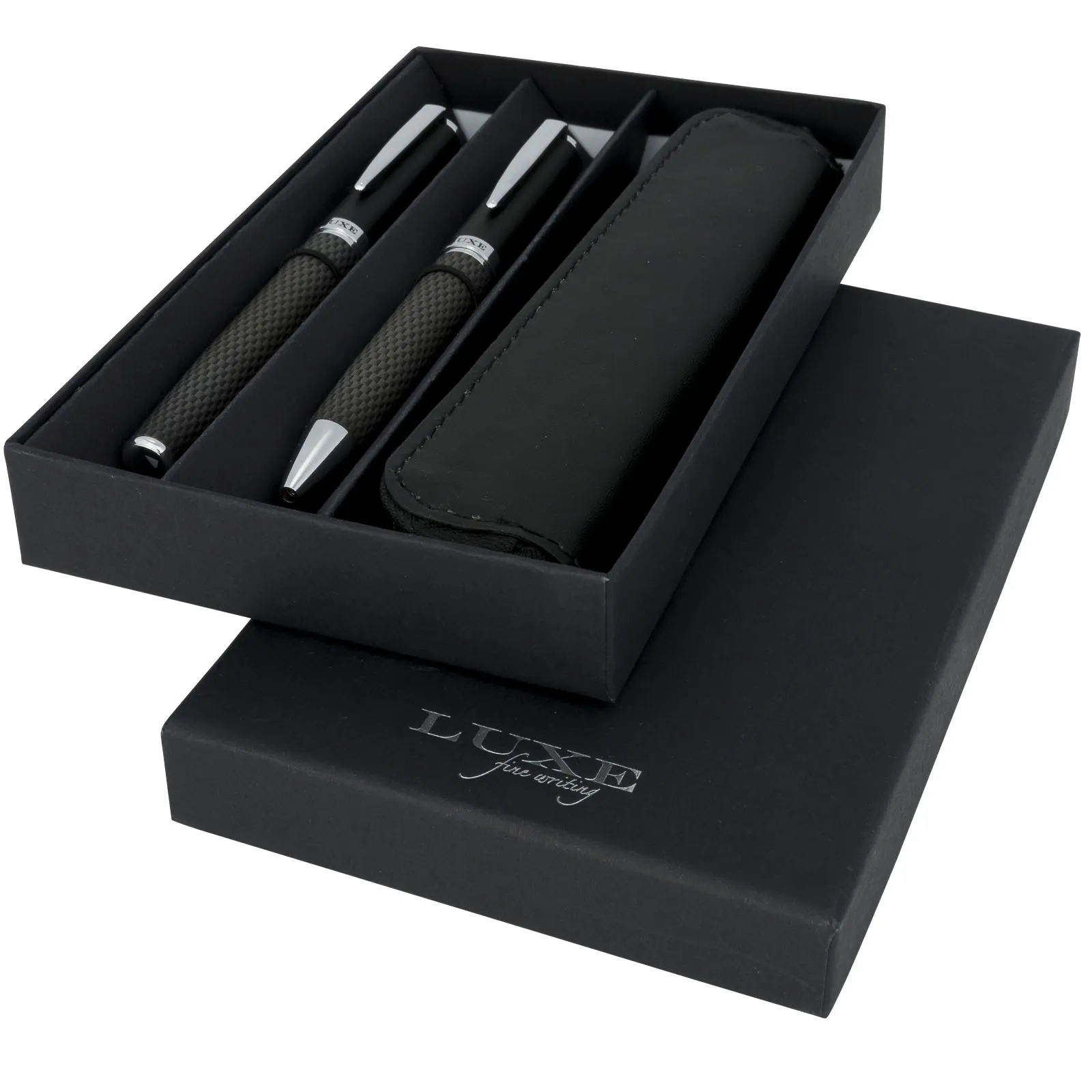 Koolstofvezel cadeauset met twee pennen en etui (zwarte inkt) Zwart