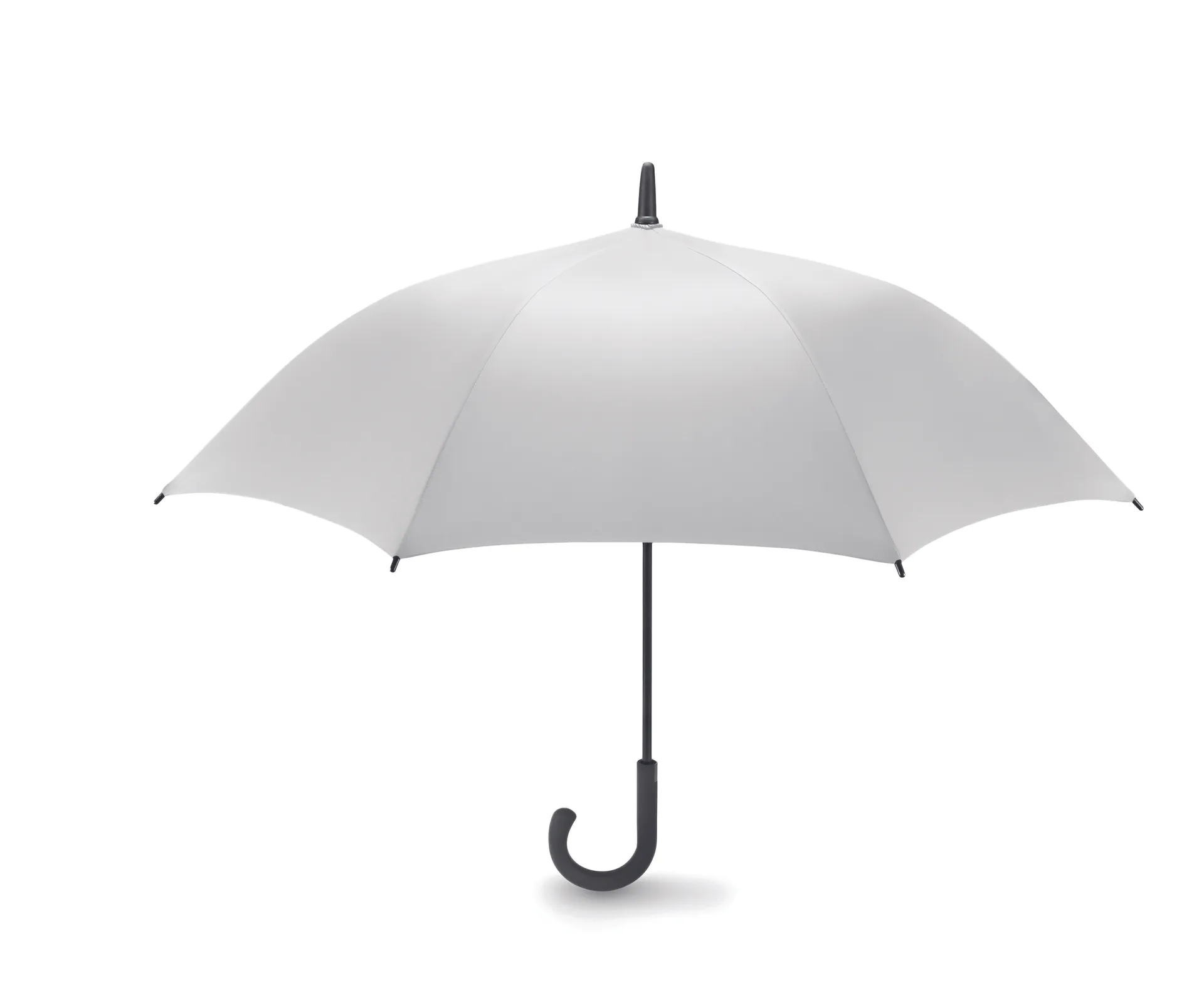 Open witte windbestendige paraplu met zwart gebogen handvat