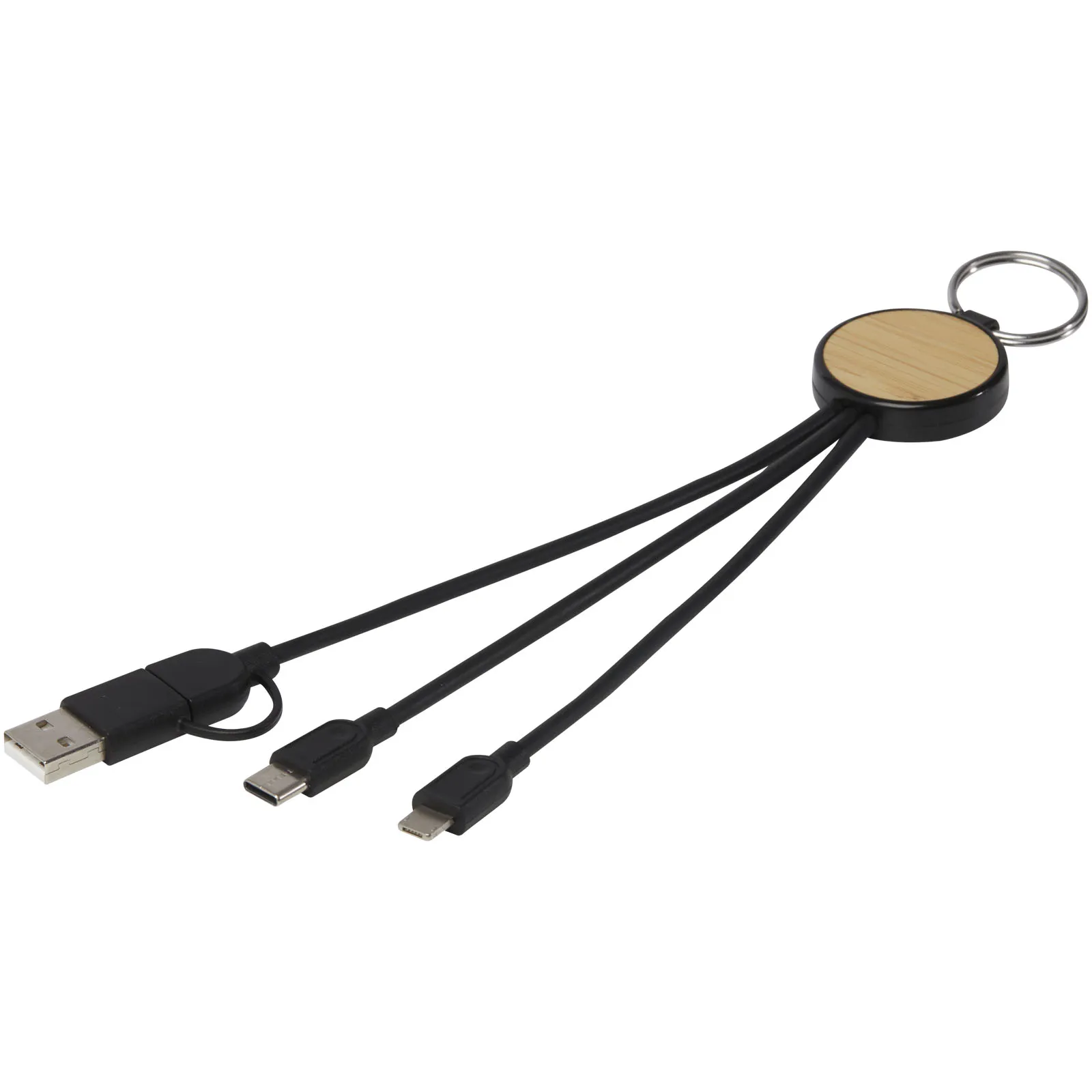 Tecta 6-in-1 oplaadkabel van gerecycled plastic/bamboe met sleutelhanger Zwart