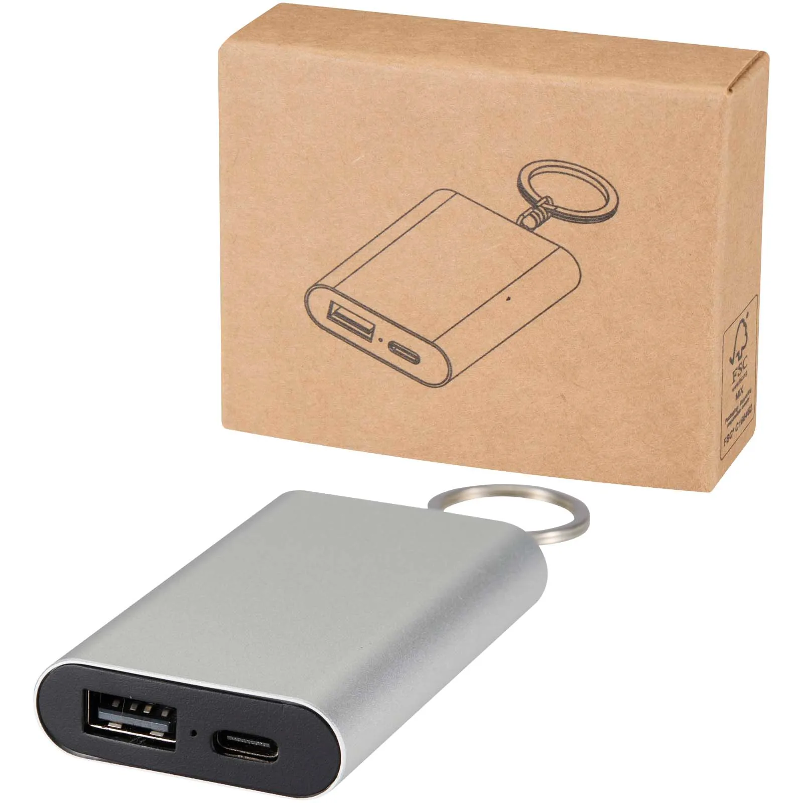 Arcturus powerbank van 2000 mAh van gerecycled aluminium met sleutelhanger Zilver