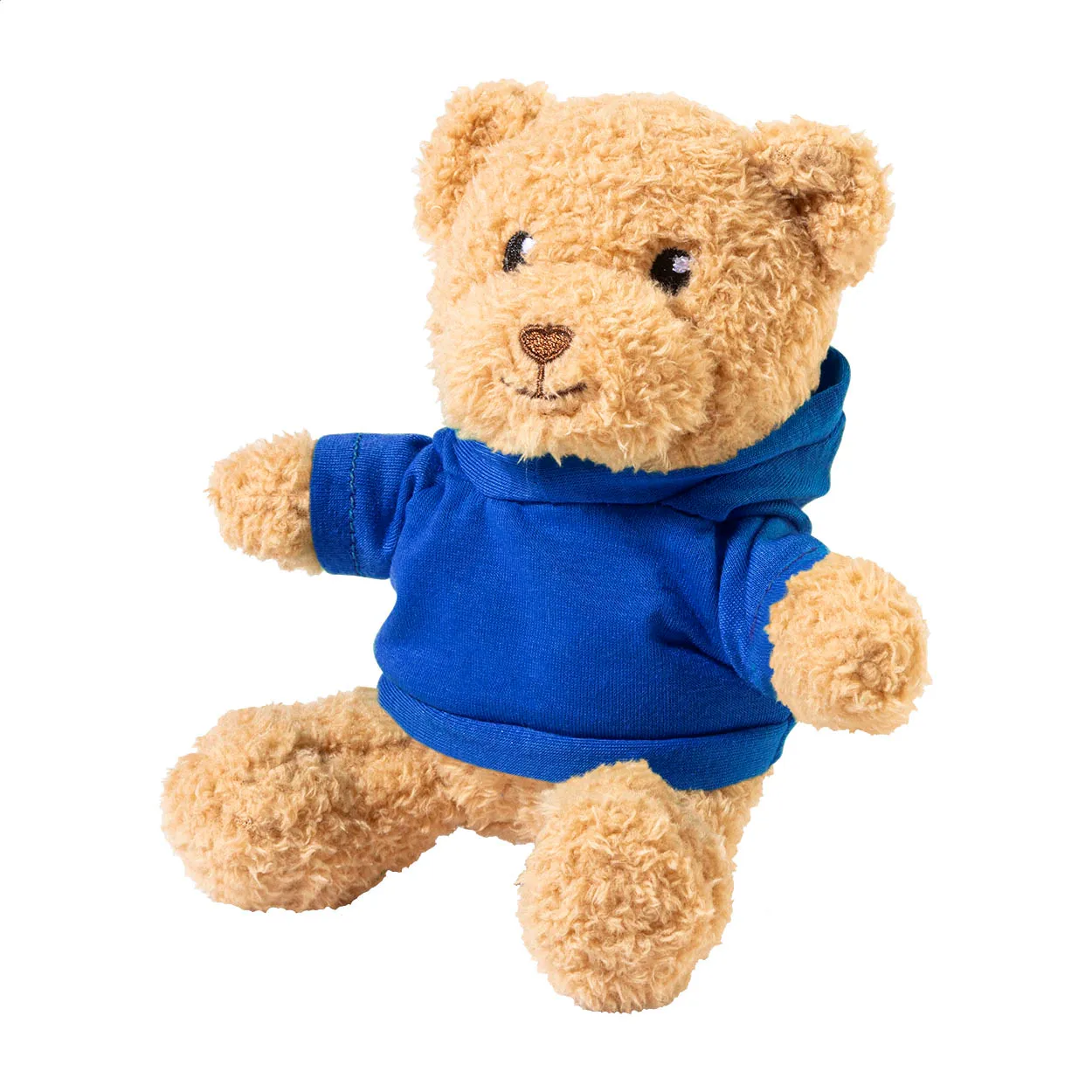 Pluche teddybeer met blauw shirt op witte achtergrond