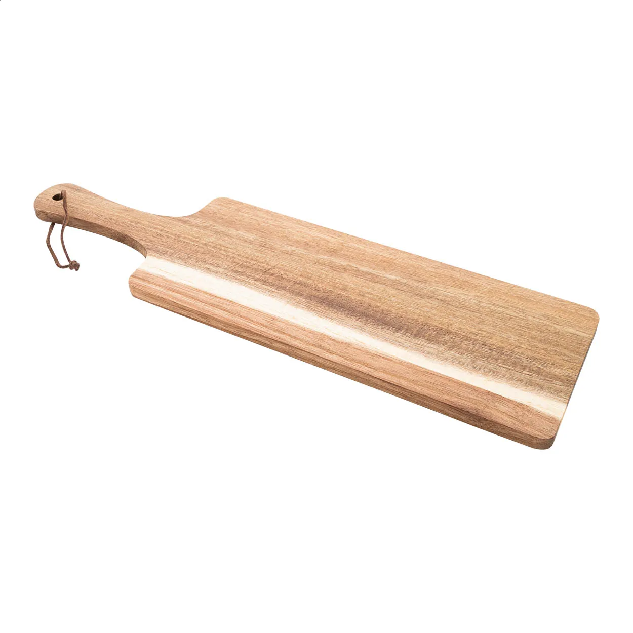 Houten serveerplank met handvat en leren koord