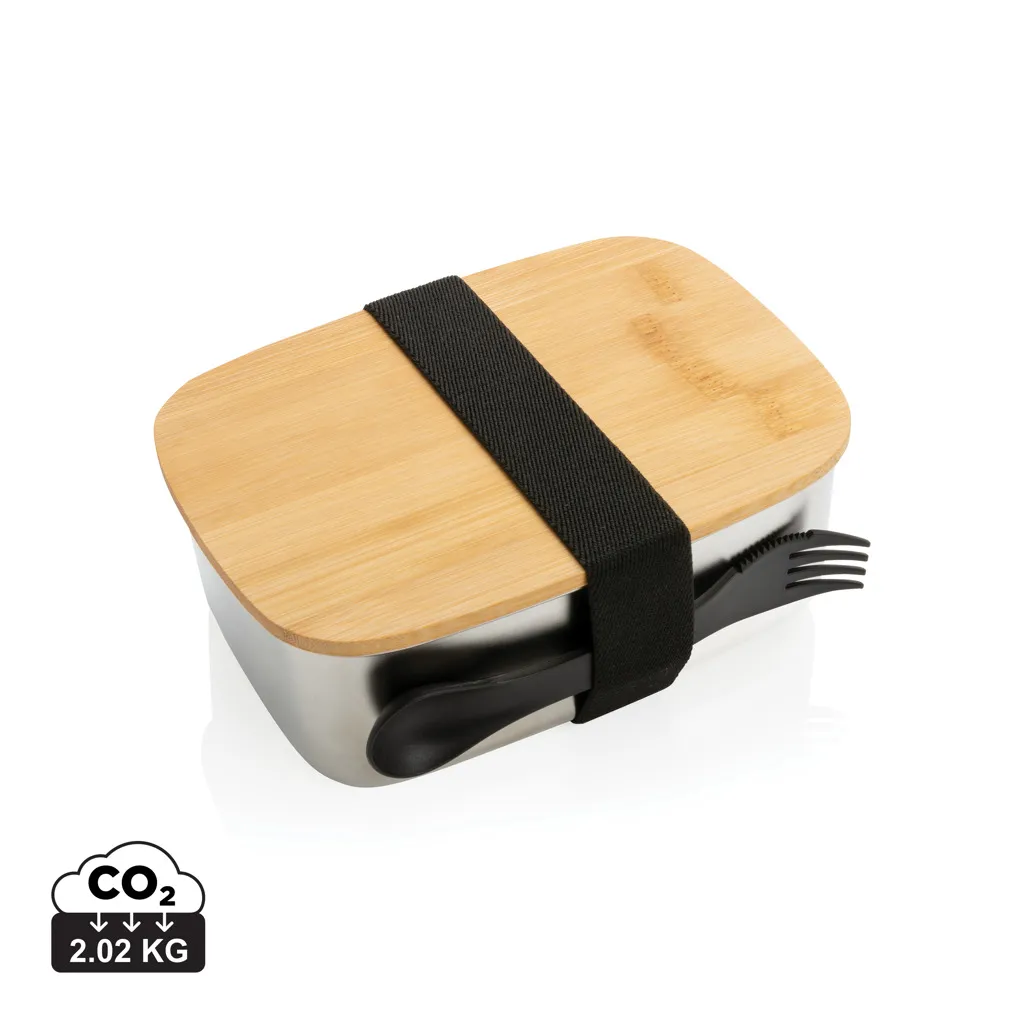 Roestvrijstalen lunchbox met bamboe deksel en spork zilver