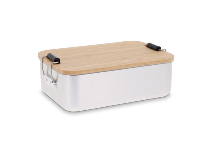 Lunch box aluminium met bamboe deksel Zilver