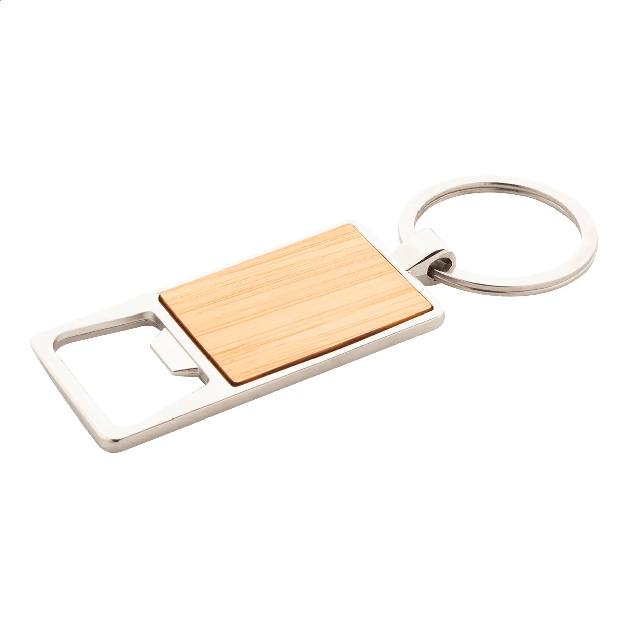 Metalen sleutelhanger met houten plaatje en geïntegreerde flesopener