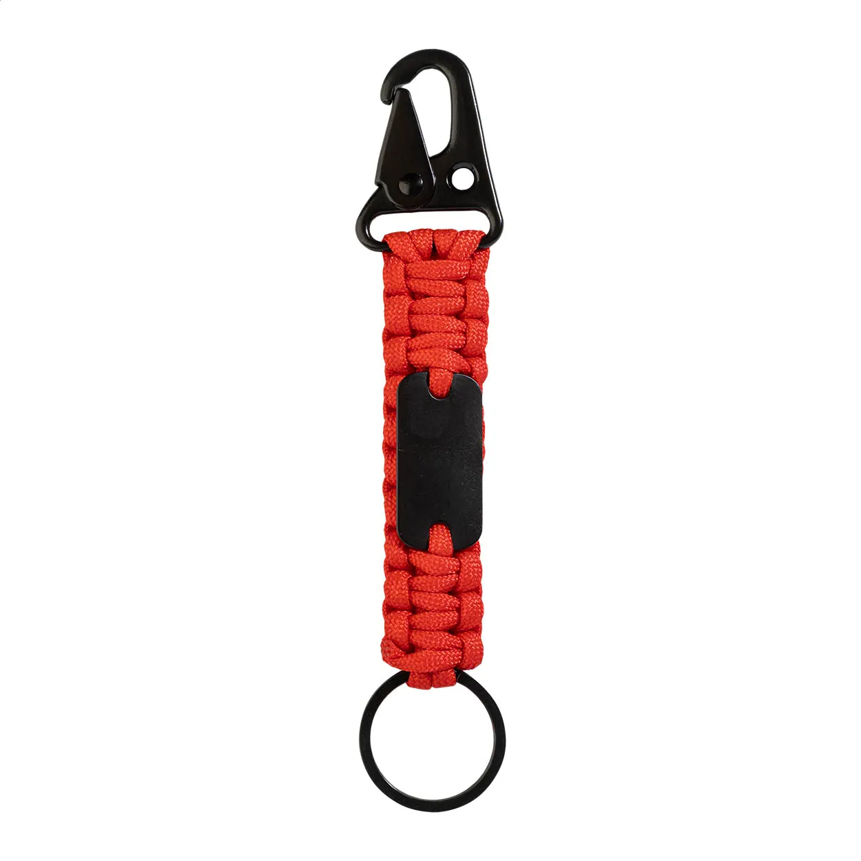 Rode paracord sleutelhanger met zwarte karabijnhaak en metalen label