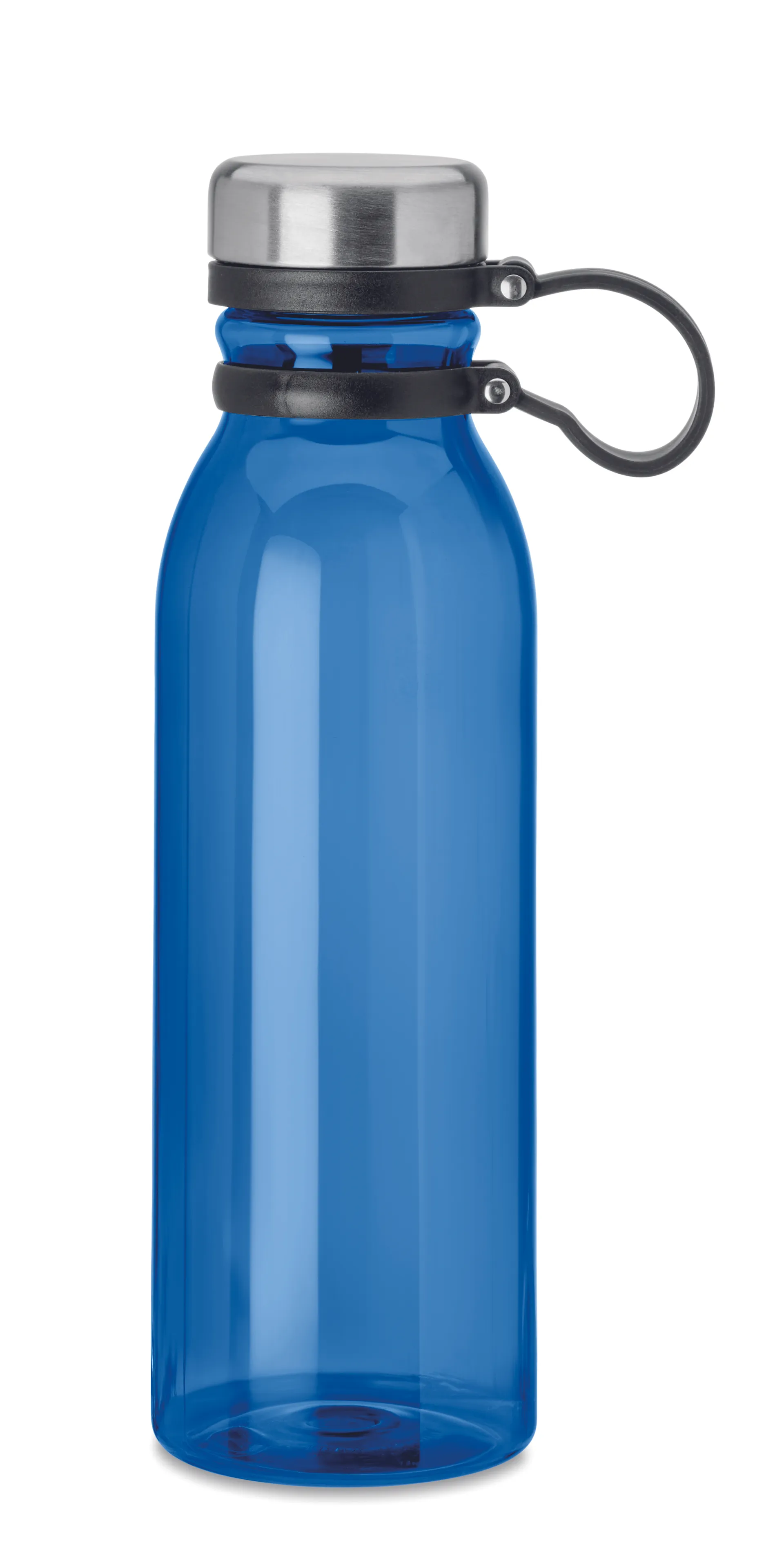 Blauwe RPET drinkfles van 780 ml met zwarte dop en draaglus