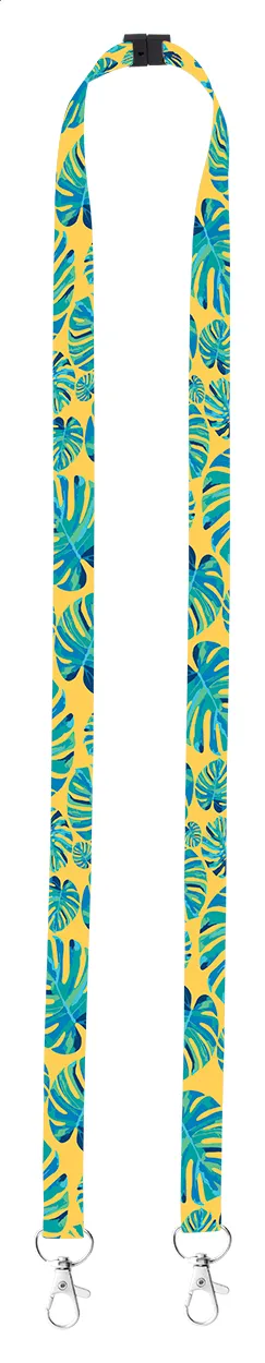 Geel-blauwe lanyard met tropisch patroon en dubbele metalen clips