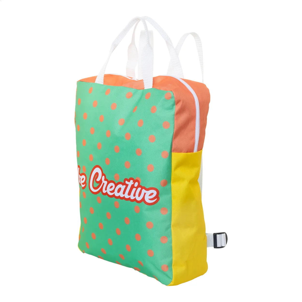 Kleurrijke RPET rugzak met oranje stippen, gele zijvakken en bedrukt Creative-logo