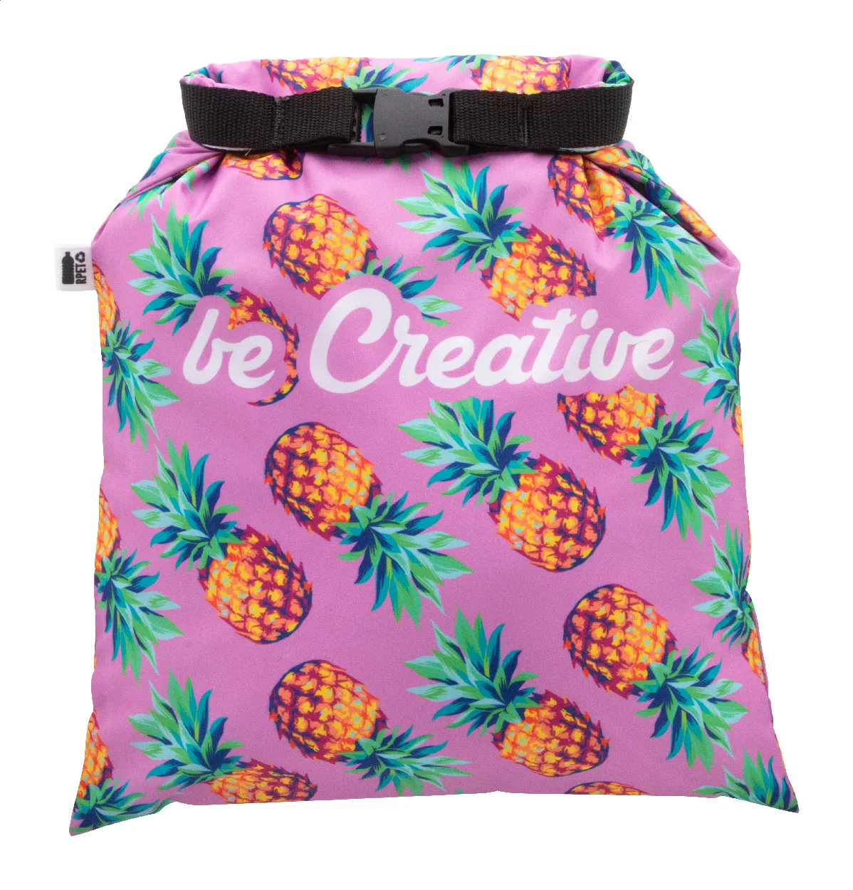 Roze RPET-broodzak met ananasprint en de tekst ‘be Creative’