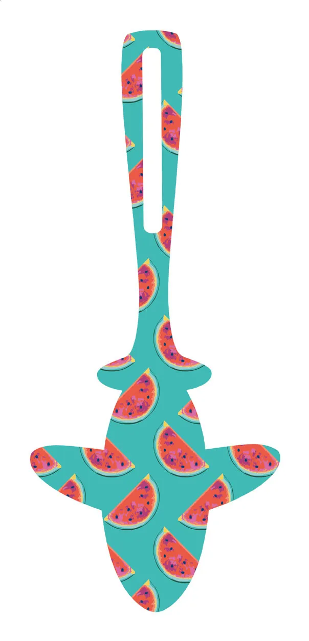 Turquoise Heathrow bagagelabel met kleurrijk watermeloenpatroon