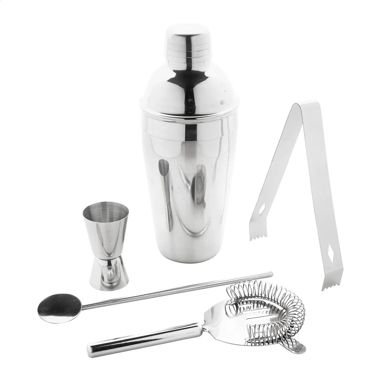 Roestvrijstalen cocktailset met shaker, maatbeker, lepel, tang en zeef
