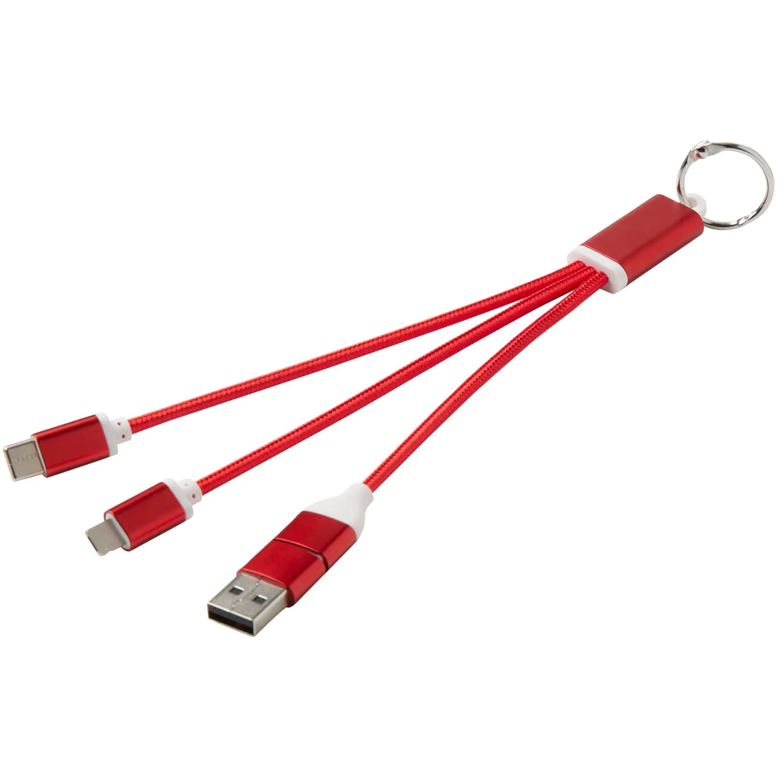 Metal 4-in-1 oplaadkabel van gerecycled aluminium met sleutelhanger Rood