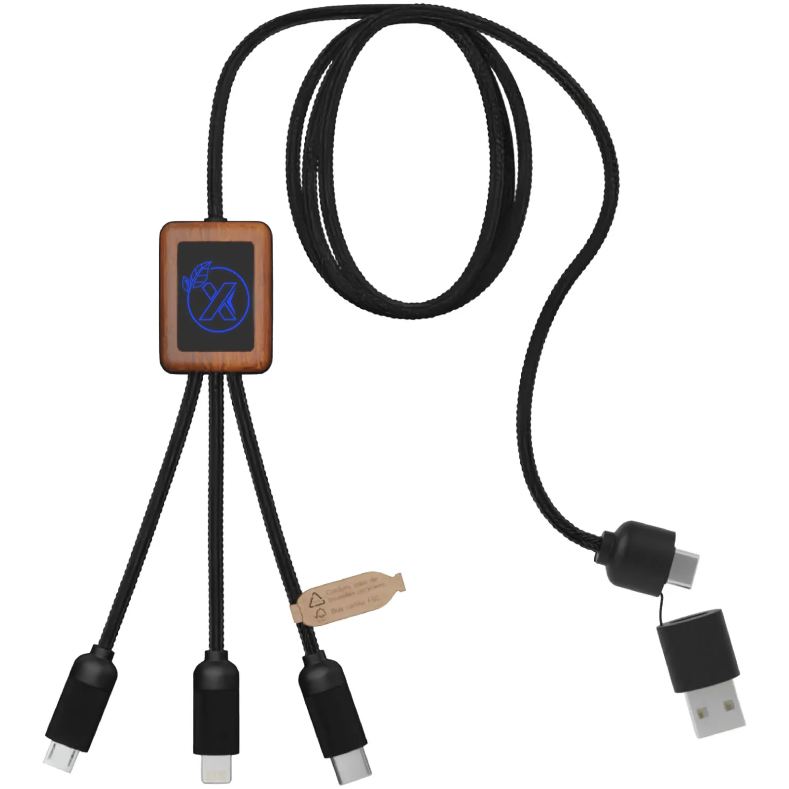 SCX.design C38 5-in-1 oplaadkabel van RPET met oplichtend logo en vierkante houten behuizing