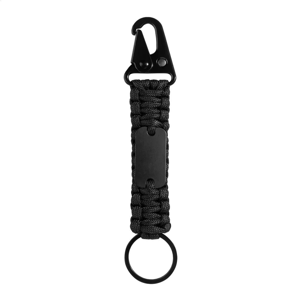 Zwarte paracord sleutelhanger met karabijnhaak en metalen ring