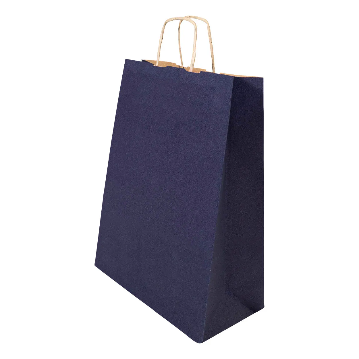 Donkerblauwe papieren tas met gedraaide papieren handvatten