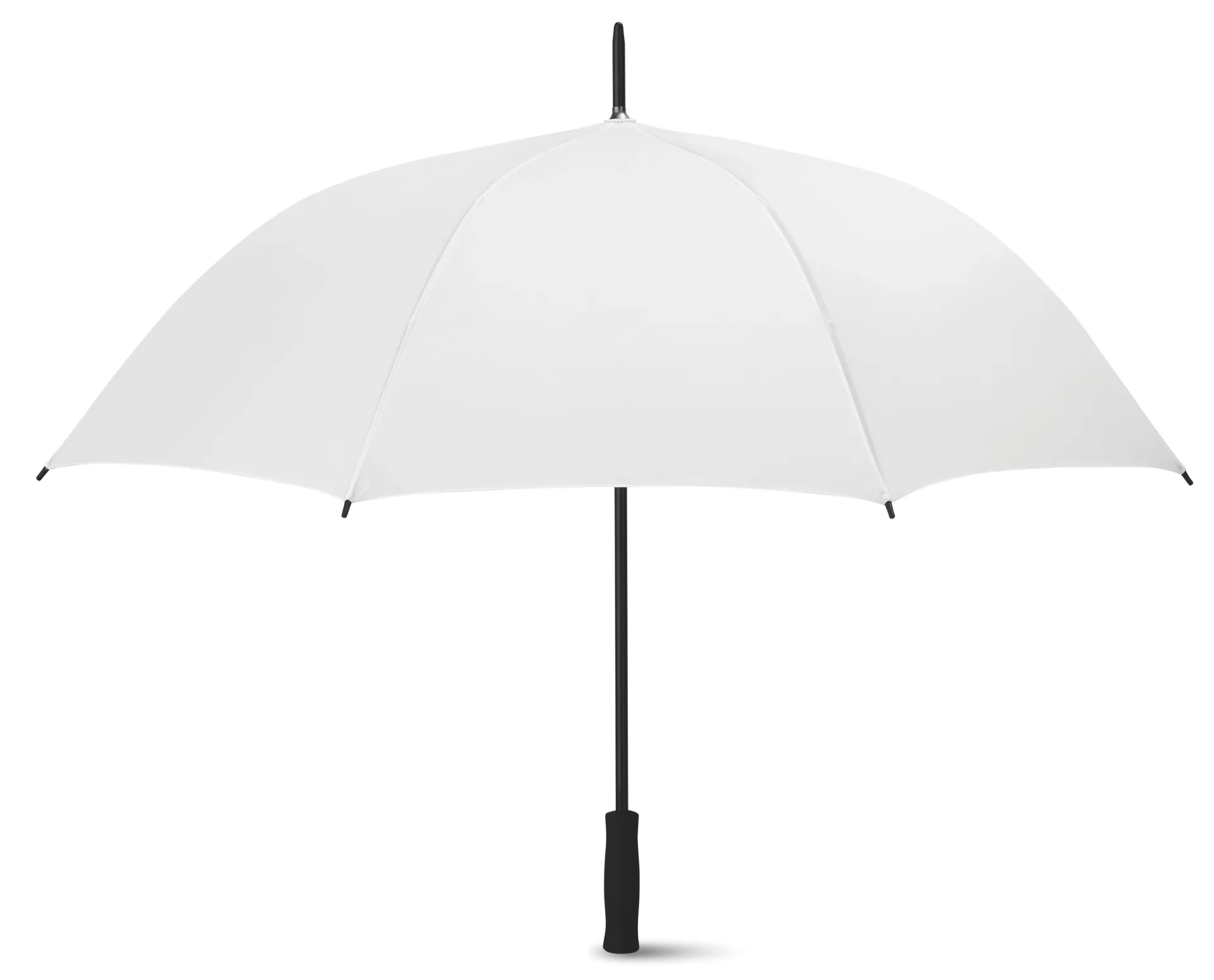 Witte 27 inch paraplu met zwart handvat, geopend