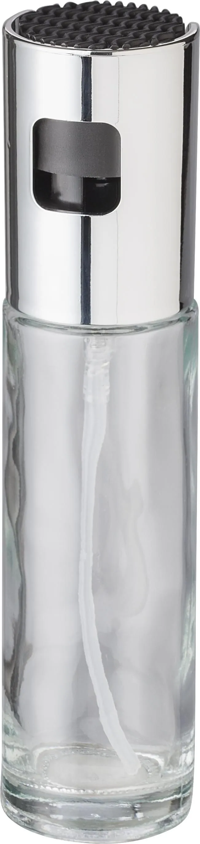 Transparante glazen oliespraydispenser met spuitmond.