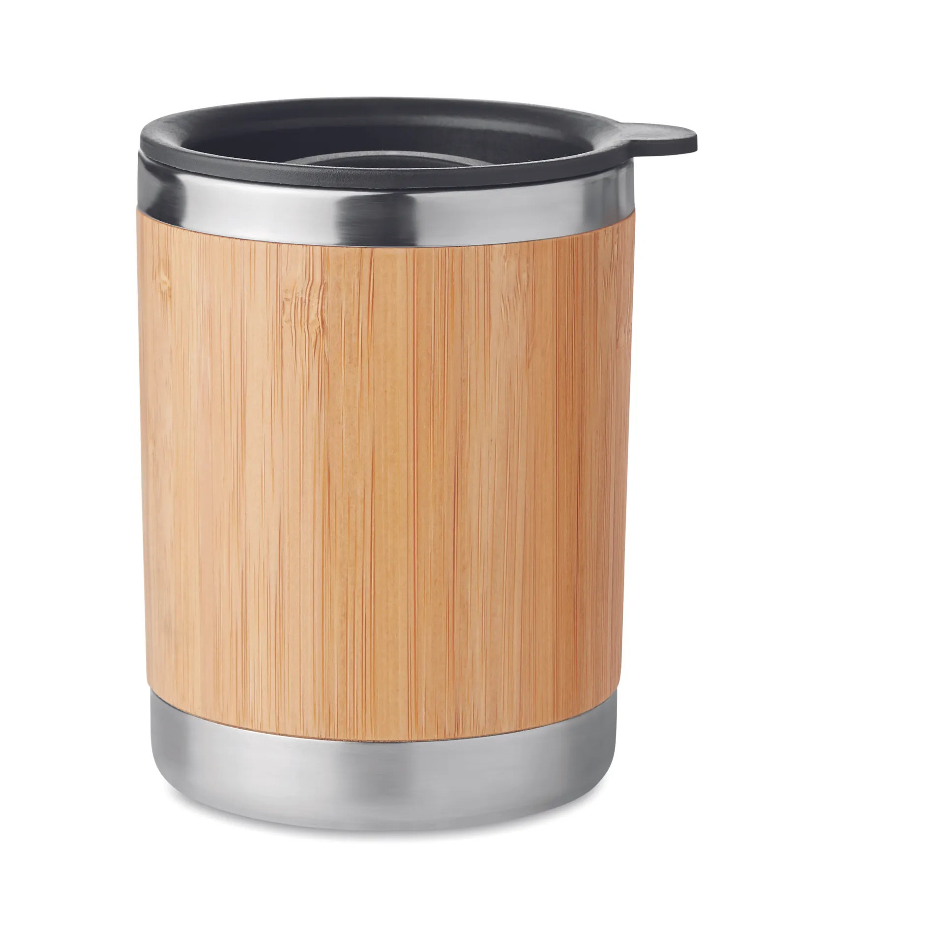 Bamboe drinkbeker van 250 ml met houten buitenzijde, metalen rand en zwart deksel