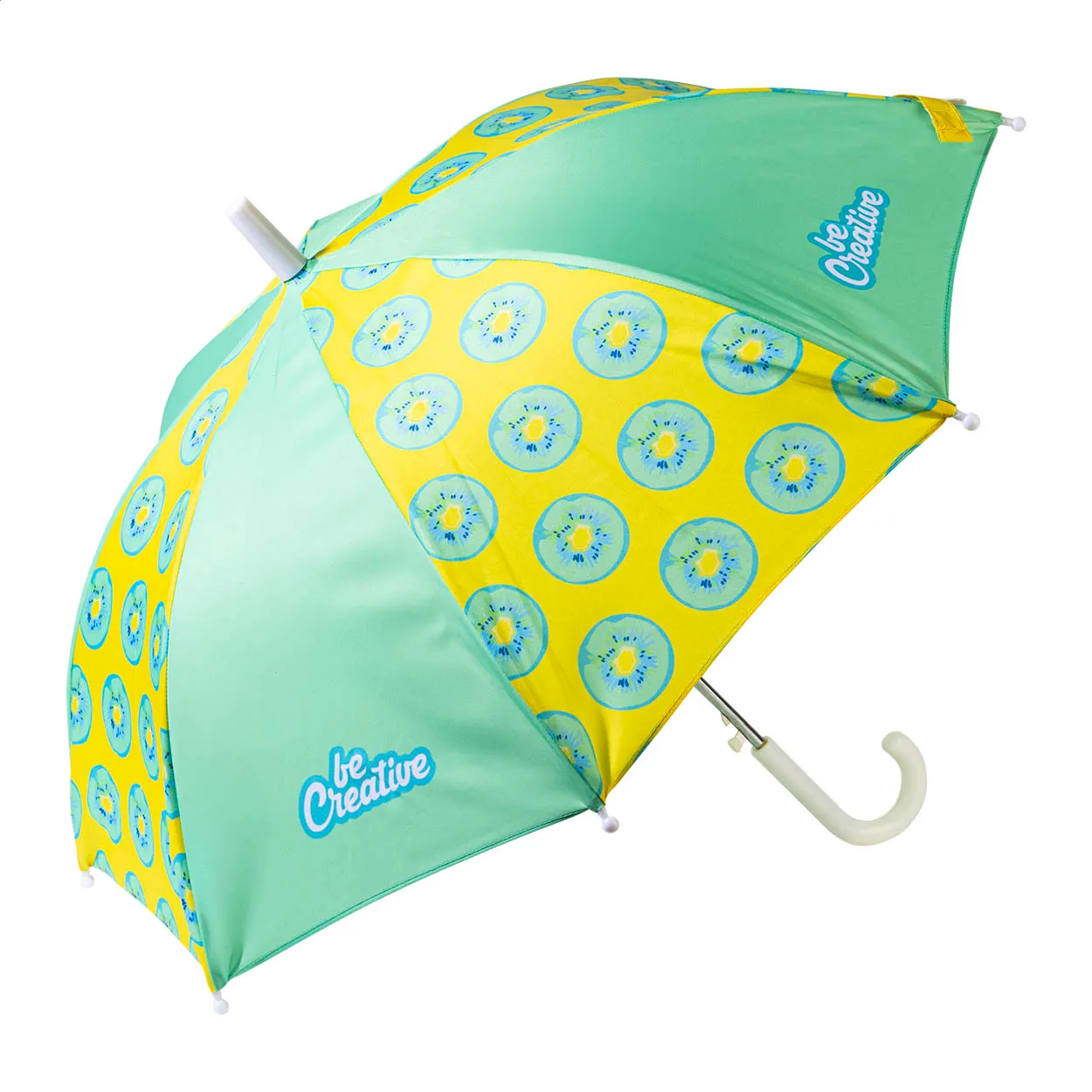 Opengeklapte kinderparaplu met geel patroon, turquoise panelen en witte haakgreep