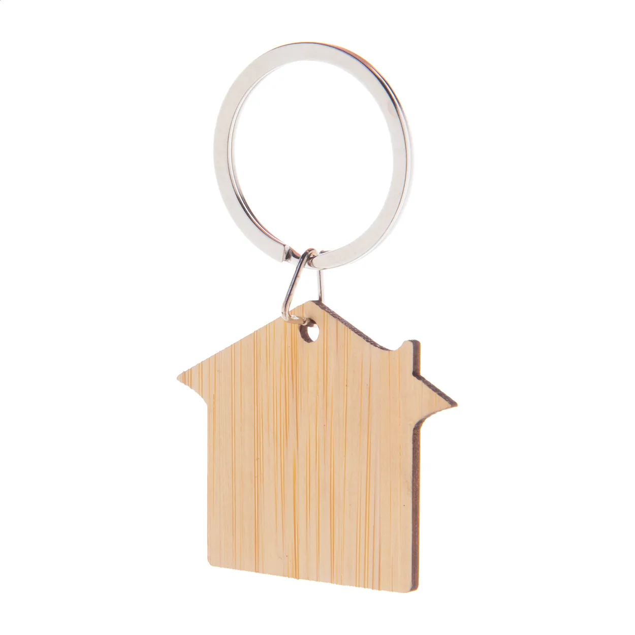 Houten sleutelhanger in de vorm van een huis met metalen ring