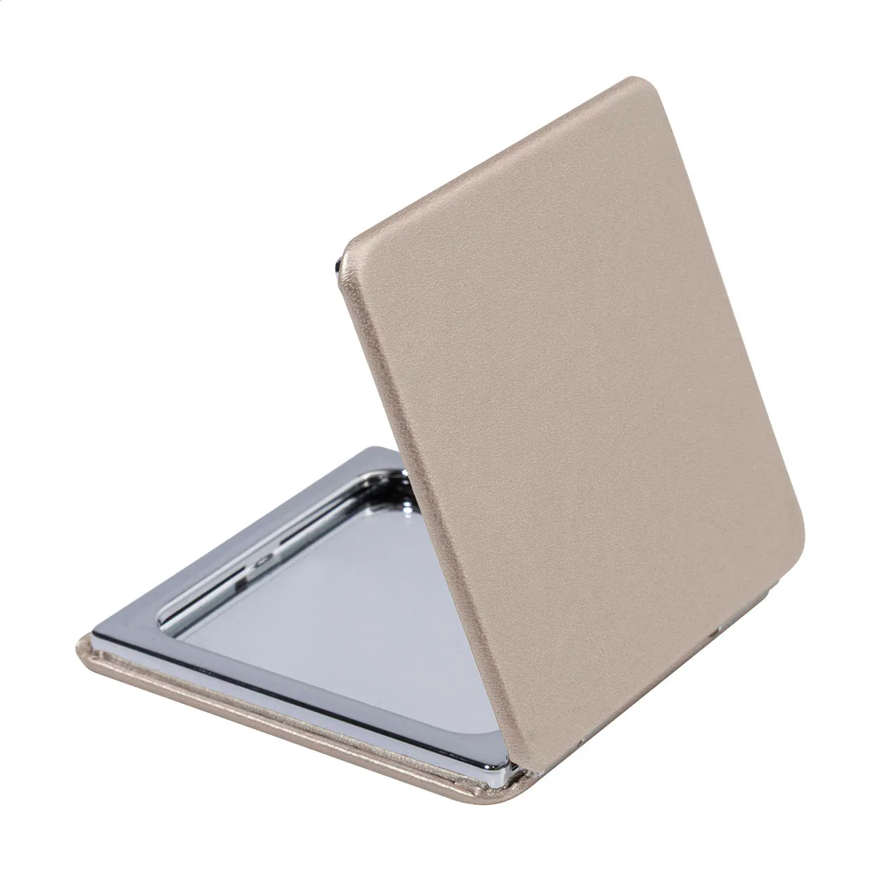 Opengeklapte compacte spiegel in beige met metalen rand